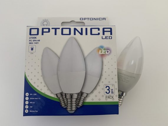 Optonica E14 C37 LED izzó 6W 480lm 6000K hideg fehér 180° 3db/csomag 1419