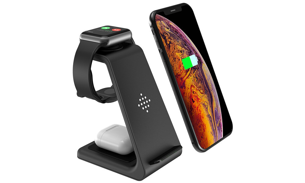 Image of Optonica asztali 3in1 vezeték nélküli fekete töltőállomás iPhone, Watch, Airpods 9500